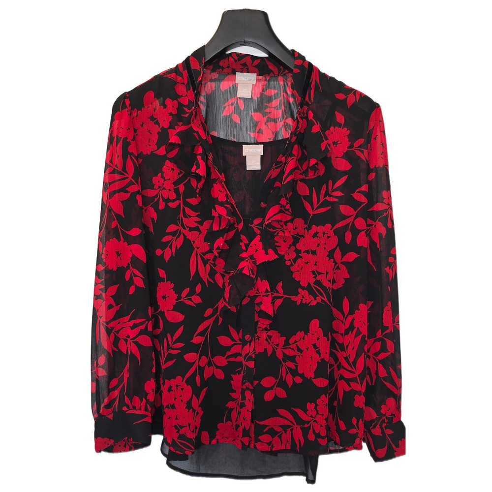 Chico's Red Black Floral Sheer Ruffle Blouse with Cami Size 2P Large XL 12‎ 14
